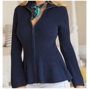 Boston Proper Fuchsia Pink Cotton Knit Full Zip Peplum Bell Sleeve Sweater M NWT